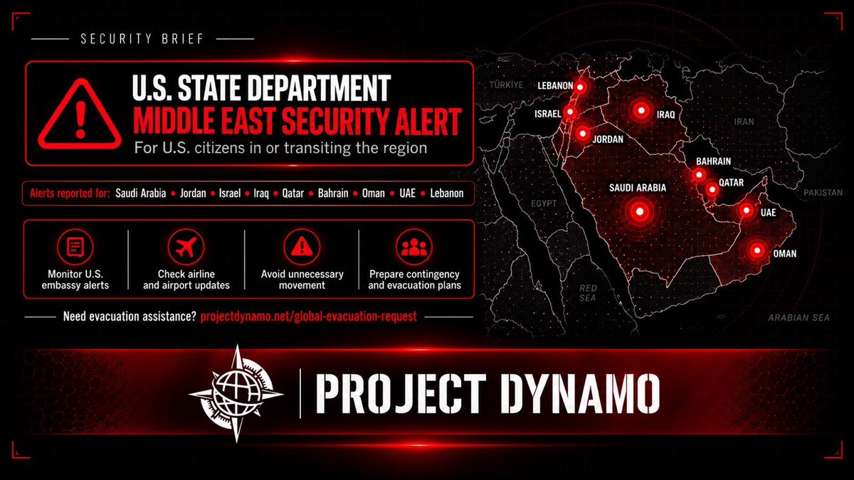 Project_Dynamo_'s tweet photo. 🚨SECURITY ALERT | MIDDLE EAST🚨

The U.S. Department of State has issued new security warnings for U.S. citizens across the region.

Countries affected: Israel, Jordan, Saudi Arabia, Iraq, Qatar, Bahrain, Oman, UAE, Lebanon.

Monitor Embassy guidance, airline operations, and local conditions. Flight cancellations and airspace disruptions may occur with little notice.

Evacuation assistance:
https://t.co/u4ZlyLrvn0