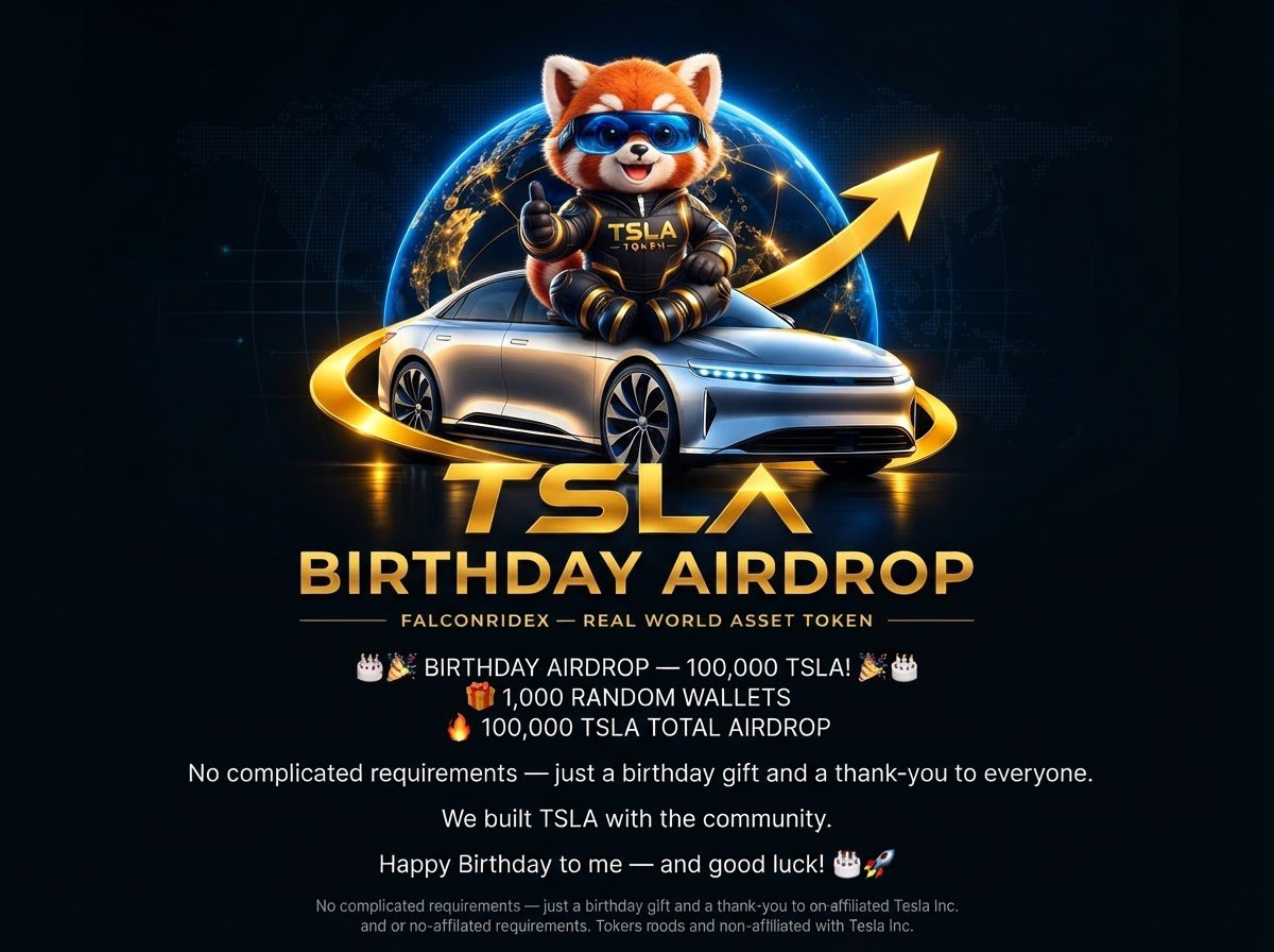 tslatoken's tweet photo. 🎂🎉 BIRTHDAY AIRDROP — 100,000 TSLA! 🎉🎂

Today is my birthday, and I'm celebrating by giving back to the community! 🚀

🎁 1,000 RANDOM WALLETS
🪙 100 TSLA EACH
🔥 100,000 TSLA TOTAL AIRDROP

No complicated requirements — just a birthday gift and a thank-you https://t.co/H4FTUOQhO5