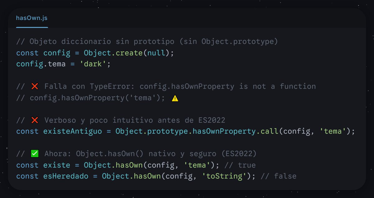 tocantodev's tweet photo. ¿Aún escribes https://t.co/9xkzSy52EF(obj, k) en JS? 🚫
obj.hasOwnProperty() falla en objetos con Object.create(null). Usa Object.hasOwn() (ES2022): chequeo seguro en 1 línea. 👇⚡
#JavaScript #WebDev #React #CleanCode https://t.co/SztWqrqHMy