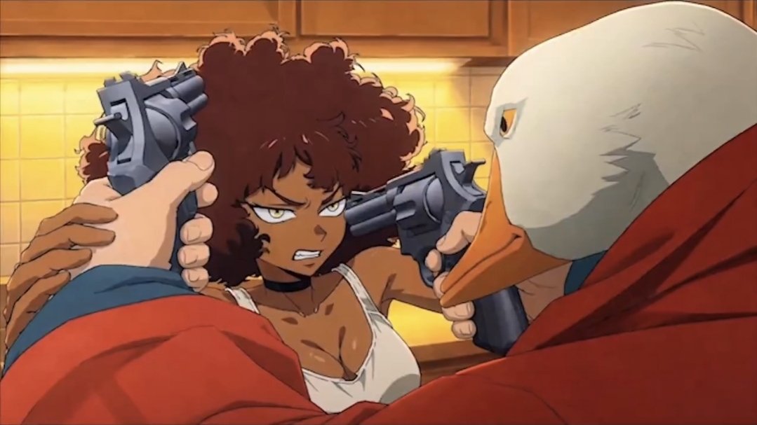 400yearoldShark's tweet photo. @NarikoNabi Mistakes i noticed

1911 turns into a revolver

Incomprehensible writing

Duck guy could have easily just shot her here but didn't https://t.co/qKLkR317zD