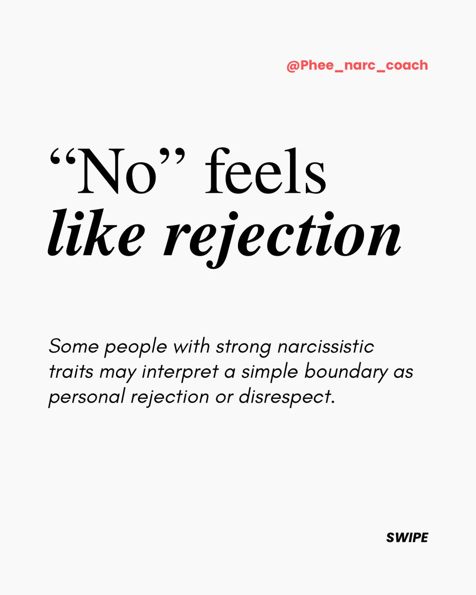 DerickJay0's tweet photo. People with strong narcissistic traits may struggle with boundaries because limits can feel like rejection, reduce their access to your attention and emotions, and challenge a sense of entitlement or control. 

#Narcissism #Narcissist #NarcissisticAbuse https://t.co/deVlSA09kS