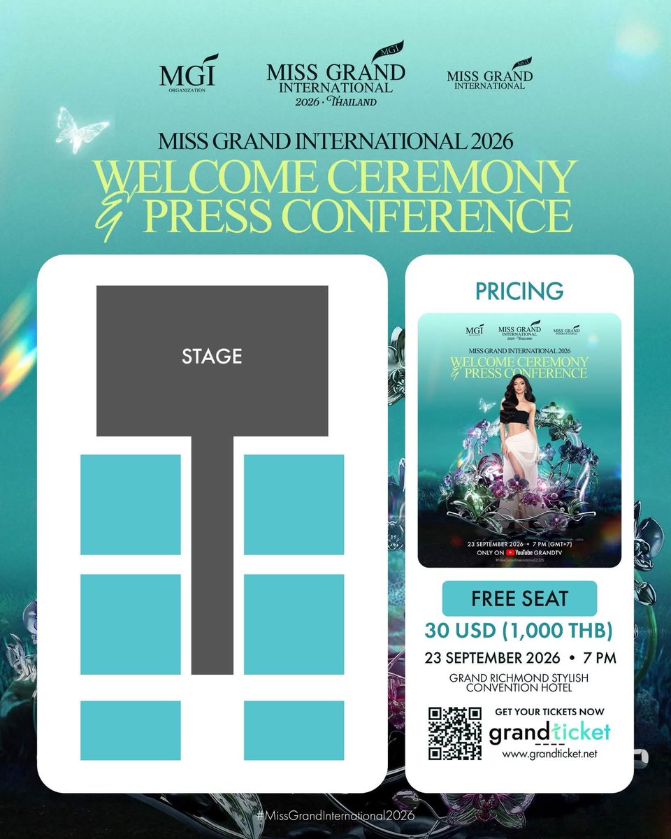MissGrandInter's tweet photo. 📢 TICKETS ARE NOW ON SALE!
Join us for the official 𝐖𝐞𝐥𝐜𝐨𝐦𝐞 𝐂𝐞𝐫𝐞𝐦𝐨𝐧𝐲 & 𝐏𝐫𝐞𝐬𝐬 𝐂𝐨𝐧𝐟𝐞𝐫𝐞𝐧𝐜𝐞 as we proudly introduce the 𝐌𝐢𝐬𝐬 𝐆𝐫𝐚𝐧𝐝 𝐈𝐧𝐭𝐞���𝐧𝐚𝐭𝐢𝐨𝐧𝐚𝐥 𝟐𝟎𝟐𝟔 contestants to the world.
#MGI2025 #MGI https://t.co/ogzKgz97kW