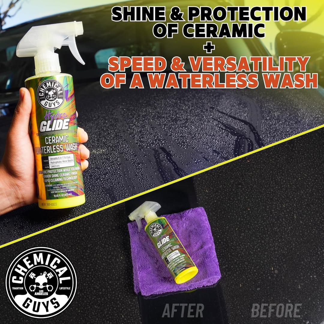 danieward53869's tweet photo. No hose. No mess. Just spray, wipe, and shine. Chemical Guys HydroGlide Ceramic Waterless Wash delivers a slick, scratch-free clean anywhere with SiO₂ ceramic protection for a deep, glossy finish. https://t.co/ECmmm9UOlC