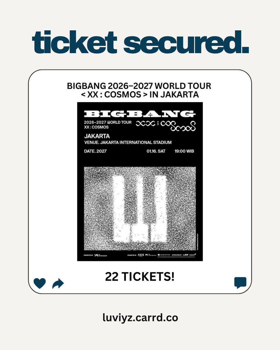 luviyz__'s tweet photo. SECURED! 🎟️✨

22 TIKET berhasil secured untuk BIGBANG 2026–2027 WORLD TOUR <XX : COSMOS> IN JAKARTA 🥹💛

Rinciannya:
🌼 Diamond (4 tix)
🌼 Gold VIP (1 tix)
🌼 Cat 1B (2 tix)
🌼 Cat 2 (1 tix)
🌼 Cat 3 (4 tix)
🌼 Cat 4 (8 tix)
🌼 Cat 5 (2 tix)

NOT FOR SALE https://t.co/sWcqrrYypE