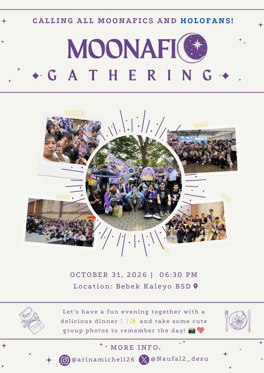 Vandalier85's tweet photo. Moonafic Gath  CF23 Day1
Location: Bebek Kaleyo BSD 
Date: 31 Okt 26
Time: 18.30 WIB  

Calling all Moonafics and Holofans! 💕 
This is a Moonafic gathering, but  all Holofans are welcome to join! 🫶🏻  

Let’s have a fun 

Form : https://t.co/SQqDDfgYzl https://t.co/h1VT5B0t6x