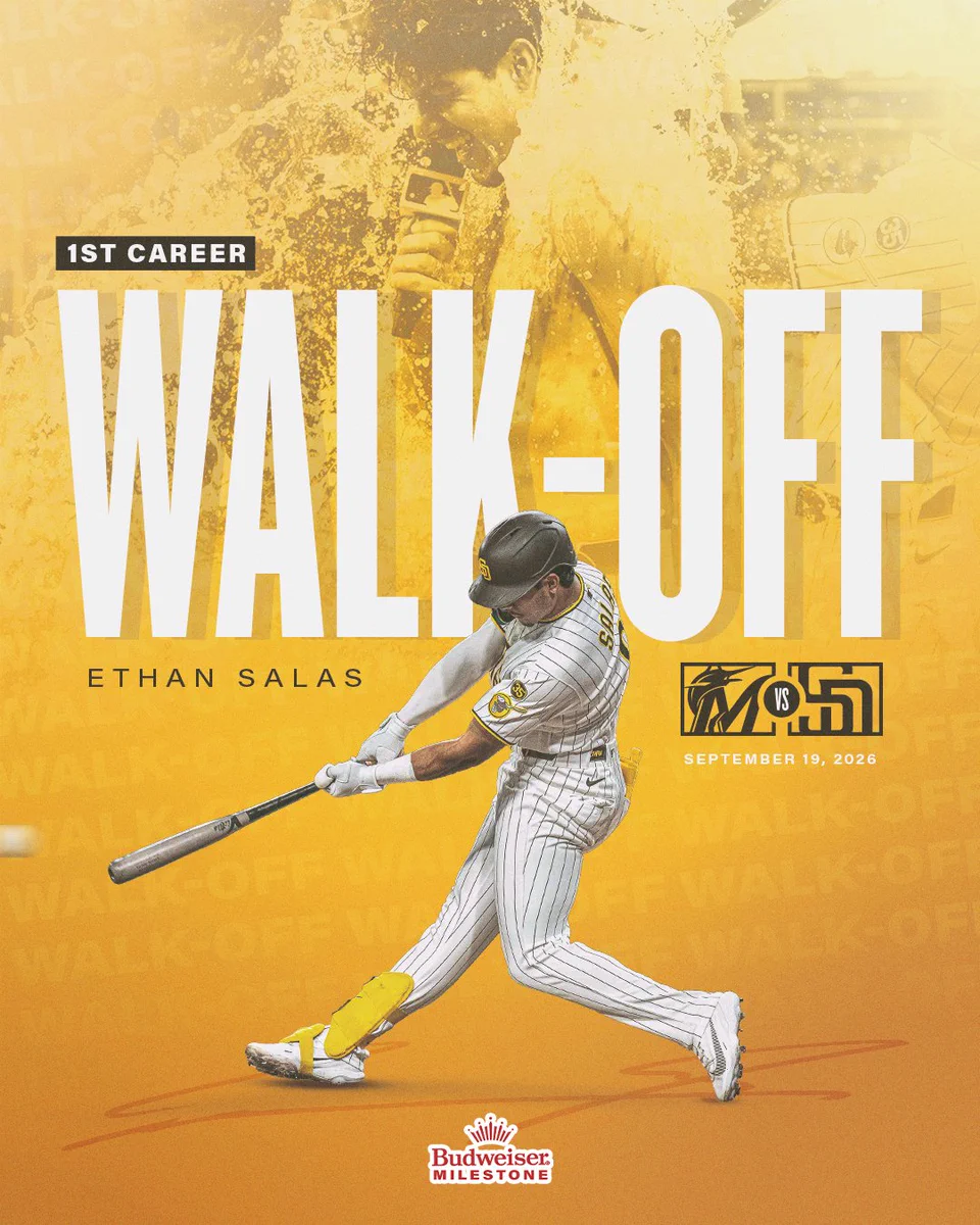 Budweiser Milestone Graphic. The background of the graphic is gold and features a photo of Ethan’s Gatorade bath. Text on top of the graphic reads “1st Career Walk-Off | Ethan Salas | Marlins vs. Padres | September 19, 2026”. In the center of the graphic, there’s an additonal photo of Ethan in the Padres home white pinstripe uniform. There’s a small Budweiser Milestone logo at the bottom of the graphic.