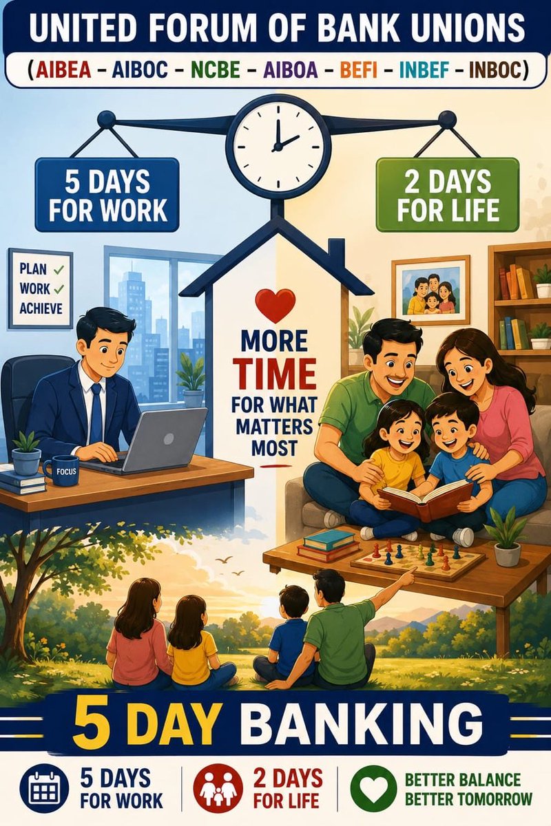 ViralkumarVirus's tweet photo. RBI has it. LIC has it. Central Government offices have it."
​Public and commercial bank employees fulfilled their part of the deal on March 8, 2024. It is time the Ministry of Finance clears the pending file.
#5DayBankingNow #AICBOF @IndiaOfficers @CboaRajasthan https://t.co/8hQXYh7okx