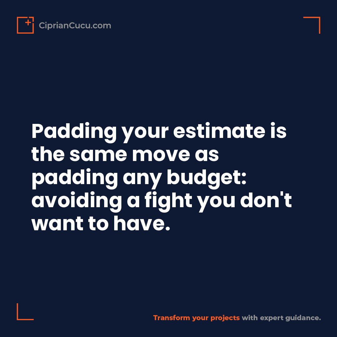 CiprianCucu's tweet photo. Padding your estimate is the same move as padding any budget: avoiding a fight you don't want to have.

"2 weeks, assuming the vendor delivers on time. If it slips, add 1 week." Now you're arguing the assumption, not the number.

What did you last bury inside a number? https://t.co/K5ur9qBeCv