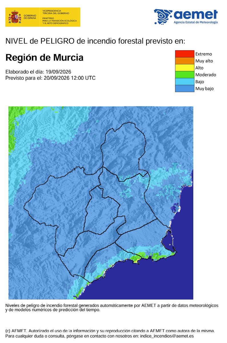 112rmurcia's tweet photo. El nivel de peligro de incendio forestal previsto por la @AEMET_Esp para hoy domingo es muy bajo en toda la #RegióndeMurcia,excepto en Litoral-Oeste que es bajo. https://t.co/vuplPErT63