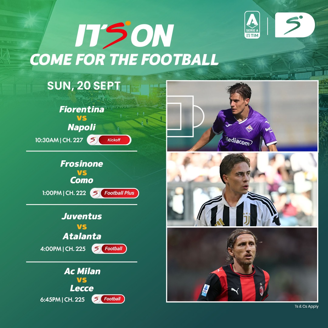 DStv_Ghana's tweet photo. Matchday - #SerieA ⚽🔥
🔹 Fiorentina vs Napoli at 10:30AM
🔹 Frosinone vs Como at 1:00PM
🔹 Juventus vs Atalanta at 4:00PM
🔹 AC Milan vs Lecce at 6:45PM
📲 Reconnect now and catch the action LIVE in HD on SuperSport!
#SSfootballONDStv https://t.co/AwmOIeNQfK