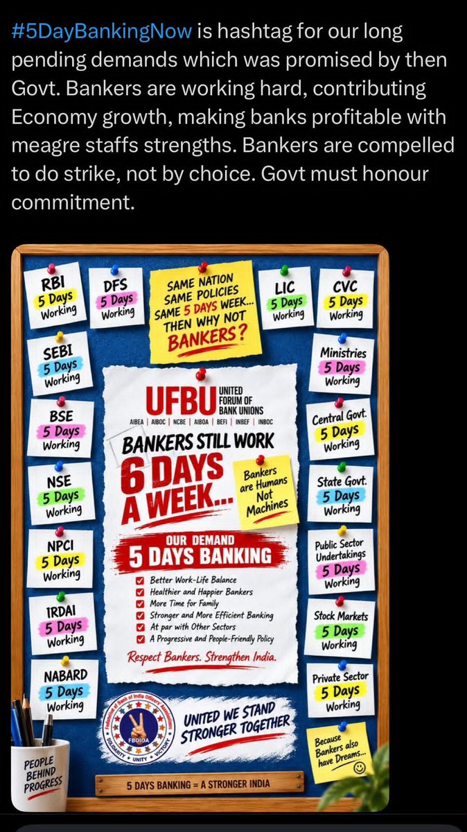 RudraNa53216730's tweet photo. What stops the govt for implementing 5DaysBanking. Why govt is silent on this matter for more than 2.5 years.Why Bankers are treated indifferently despite their best efforts insuccessful implementation of everygovt schemes at the cost of their own health. #5DaysBankingNow #FBOIOA https://t.co/FUDCInPwIJ