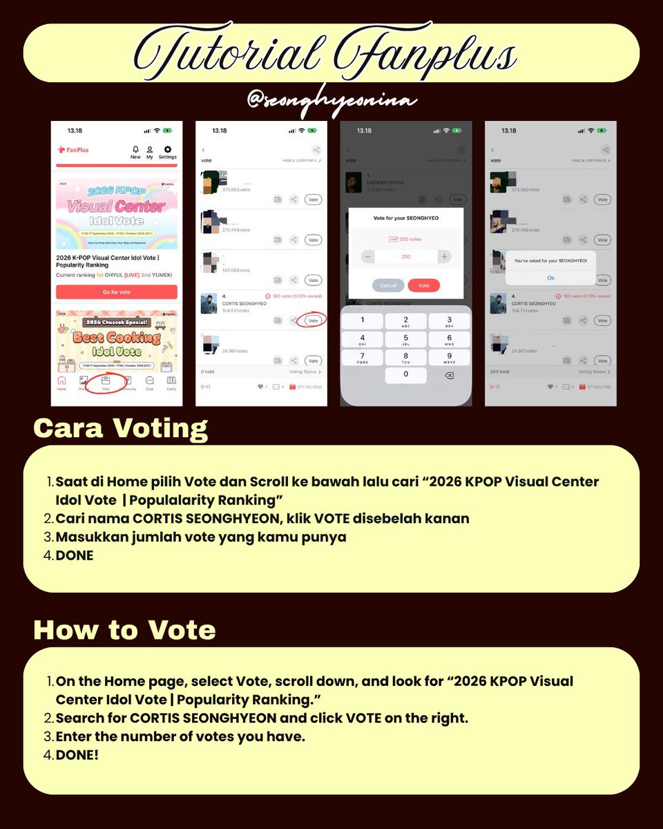 SEONGHYEONINA's tweet photo. 📢 VOTE SEONGHYEON ON FANPLUS — "2026 KPOP Visual Center Idol Vote | Popularity Ranking" 

🏆 Seoul Subway Pillar Ad (14 Days)
📌 Current rank #4
🎯 Top 1
🔚 1 October 2026, 17.00 KST / 15.00 WIB 
🖇️ https://t.co/MfzWhbDPEn

🎁 Don’t forget to use code: #bb6c919f
→ Get 3,000 VTS for free!

🚨 WE’RE CURRENTLY #4 — LET’S PUSH SEONGHYEON TO #1!
Every vote counts, so don’t let your VTS sit unused! Let’s keep pushing and close the gap together💪🏻🔥

🔄 Vote daily & share this with other SEONGHYEONIST!

Let’s get Seonghyeon that #1 spot and make his name shine on the subway! 🏆✨

#SEONGHYEON #성현 #ソンヒョン #코르티스