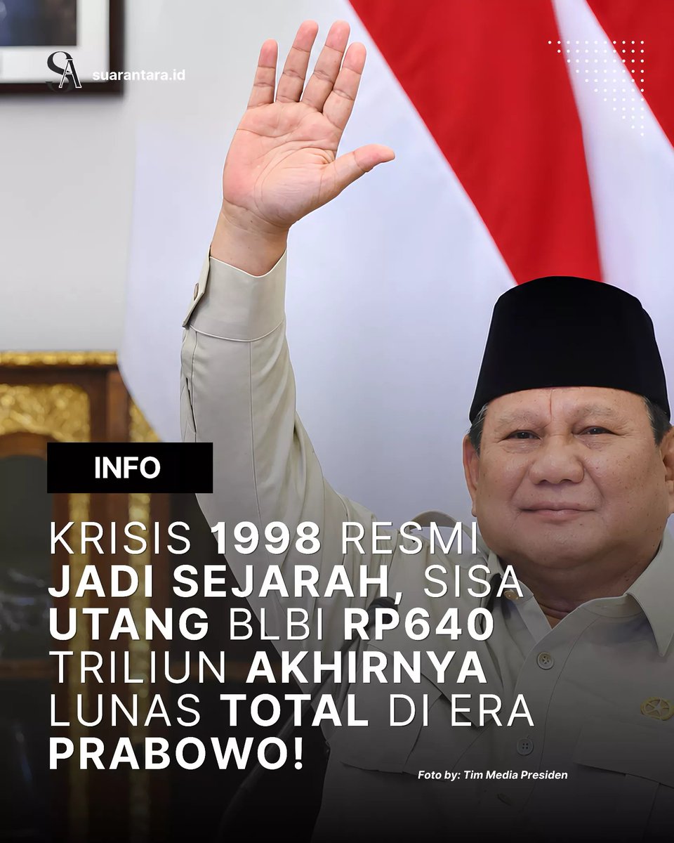 atokdalangs4's tweet photo. Indonesia is officially closing the 1998 financial crisis chapter. Pemerintah mengonfirmasi kalau seluruh utang raksasa warisan krisis moneter 1997–1998 senilai Rp640 triliun akhirnya LUNAS TOTAL per Agustus kemarin!

Berdasarkan rilis APBN Kita, pelunasan ini diselesaikan berkat setoran surplus Bank Indonesia (BI) sebesar Rp55 triliun yang masuk ke kas negara.

Setelah hampir 30 tahun generasi kita ikut menanggung beban bunga dan utang sejarah ini, akhirnya APBN kita bisa bernapas lega. 😭