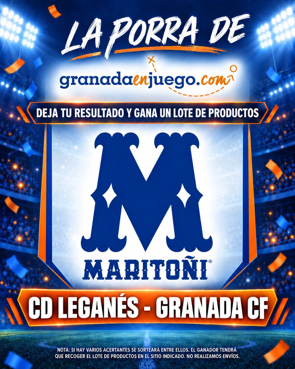 granadaenjuego's tweet photo. ⚽️ ¡NUEVA PORRA! ⚽️

🎯 Adivina el resultado del CD LEGANÉS 🆚 GRANADA CF y podrás ganar un lote de productos de @Maritoni_SL.

Para participar:

👉 Deja tu pronóstico.
👉 Síguenos.
👉 Comparte o retuitea esta publicación. https://t.co/9R5onIls0E