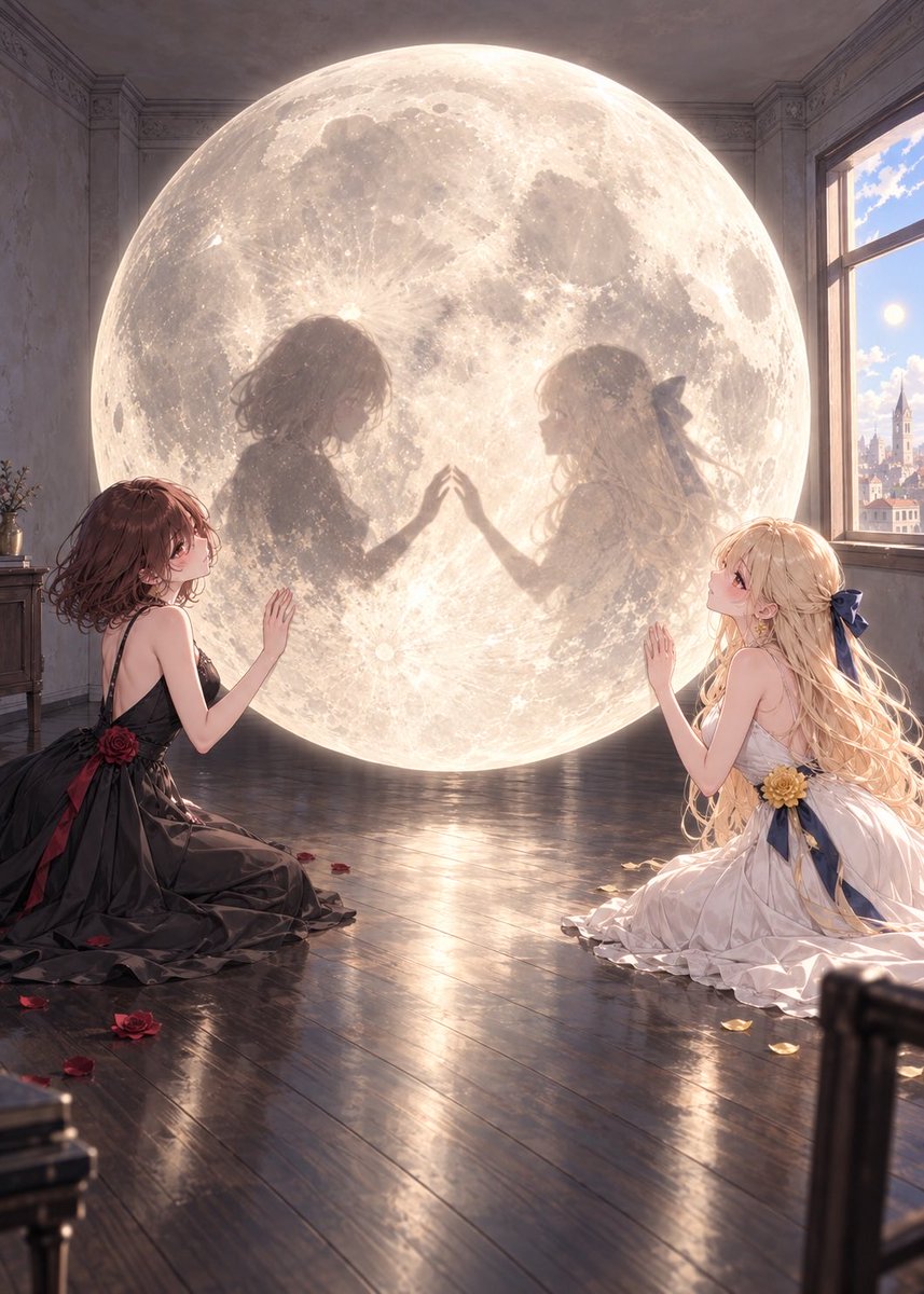 liminalityworld's tweet photo. 【シュールレアリスム #7】
部屋より大きな月が、部屋の中にある

同じ月を見ているのに、ふたりの姿は届かない
触れ合えるのは、月に映った影だけ

#AIart #AIイラスト #Surrealism #シュールレアリスム https://t.co/Zolqwz0q4I