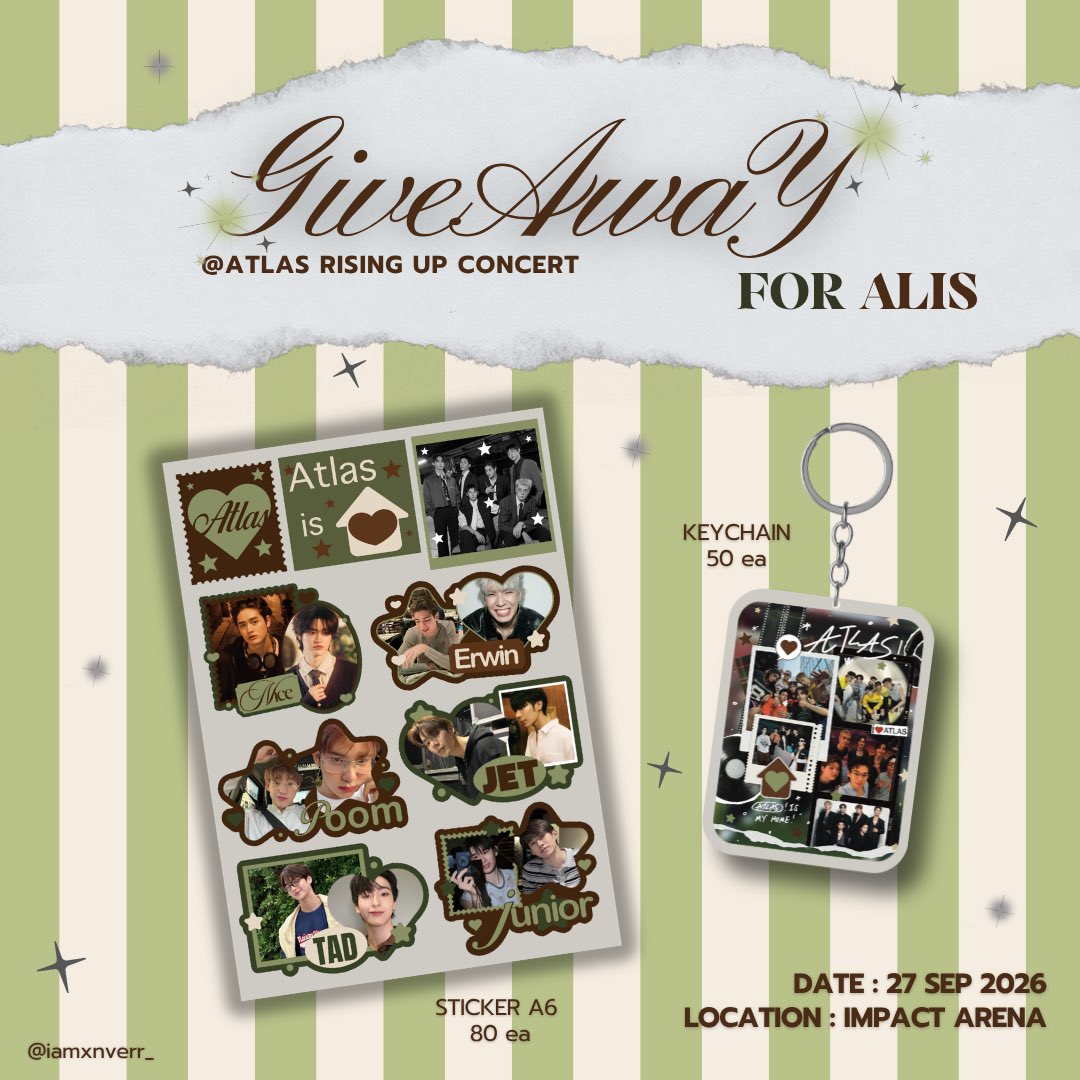 iamxnverr_'s tweet photo. pls kindly rt ⟢

꒰ GIVEAWAY FOR ALIS ꒱
( #ATLASRisingUpConcert )

date: 27 sep 2026
location: impact arena
time: tba ⚠︎

✱sticker A6 80ea
✱keychain 50ea

มารับกันเยอะ ๆ น้า ᙏ̤̫

#GiveawayALIS 
#ATLASth #ATLAS_th https://t.co/RnqnfdYPBs