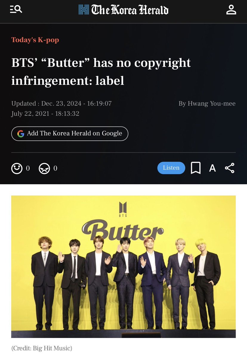 TrustCrave's tweet photo. BIGHIT MUSIC clarified this in July 2021: there was NO copyright infringement. The claimant had obtained the topline melody directly from Sebastian Garcia, an officially credited “Butter” songwriter. That documented fact alone dismantles the plagiarism narrative being pushed. https://t.co/7vCJzRqLXH