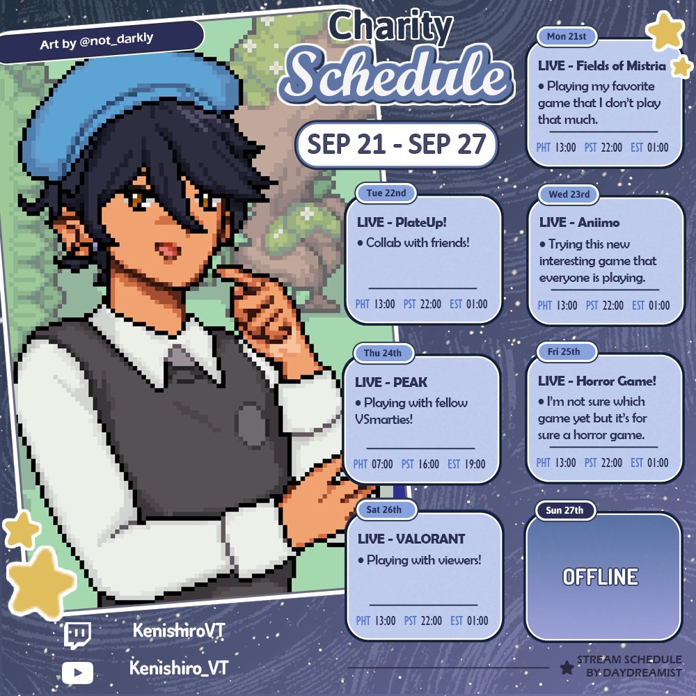 kenishirovt's tweet photo. 🔱 CHARITY STREAM SCHEDULE 🔱

Here is the stream schedule for our very packed charity week, make sure to drop by everyone!

General: #KenishiroVT
Live: #KeniSea
Art: #KeniSketch
Clips: #KeniMoment
Memes: #KenChaos
IRL: #RealKenVT

🔗;
#PHVtuber #pngtuber #envtuber https://t.co/ILlKvSPBDq