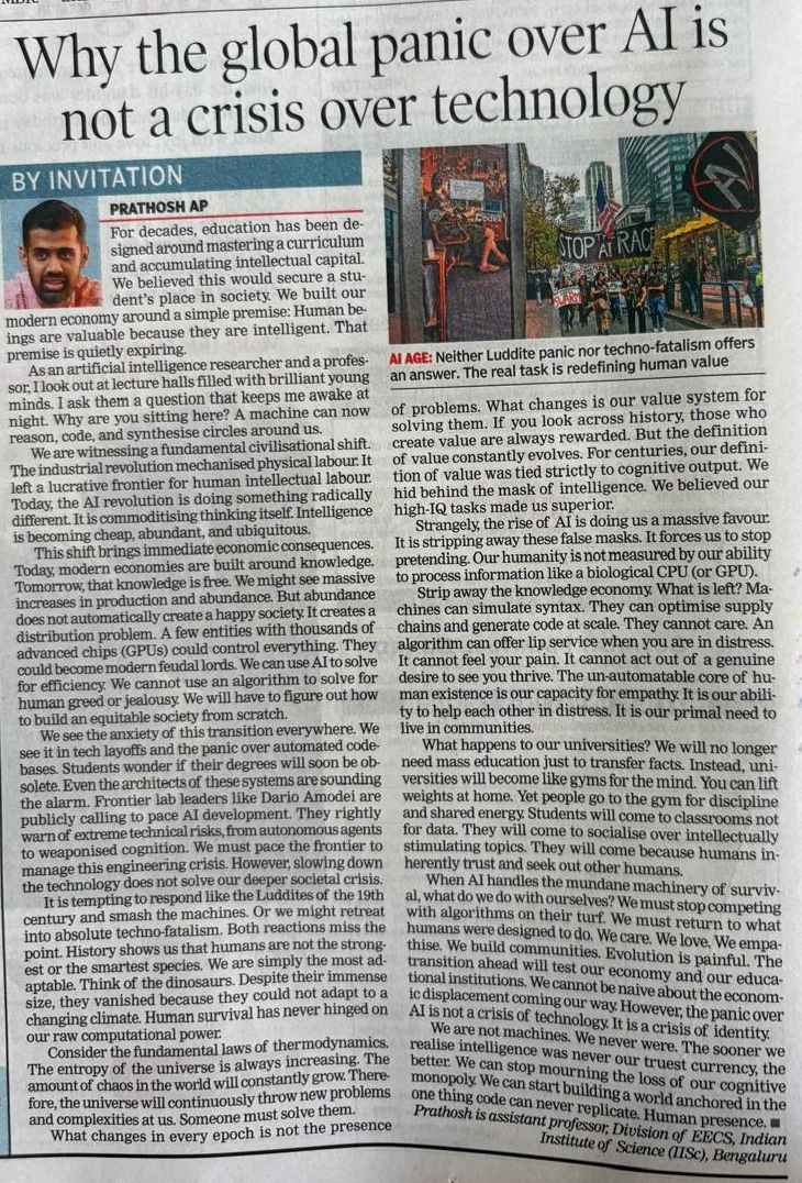 prathoshap's tweet photo. A few days ago, I shared a candid conversation with my students on AI, higher education, and human value. 

It went unexpectedly viral. 

This time, I’ve tried to put those thoughts into a more structured form - my latest piece in TOI. Take a look. https://t.co/WVxB2SxV3r