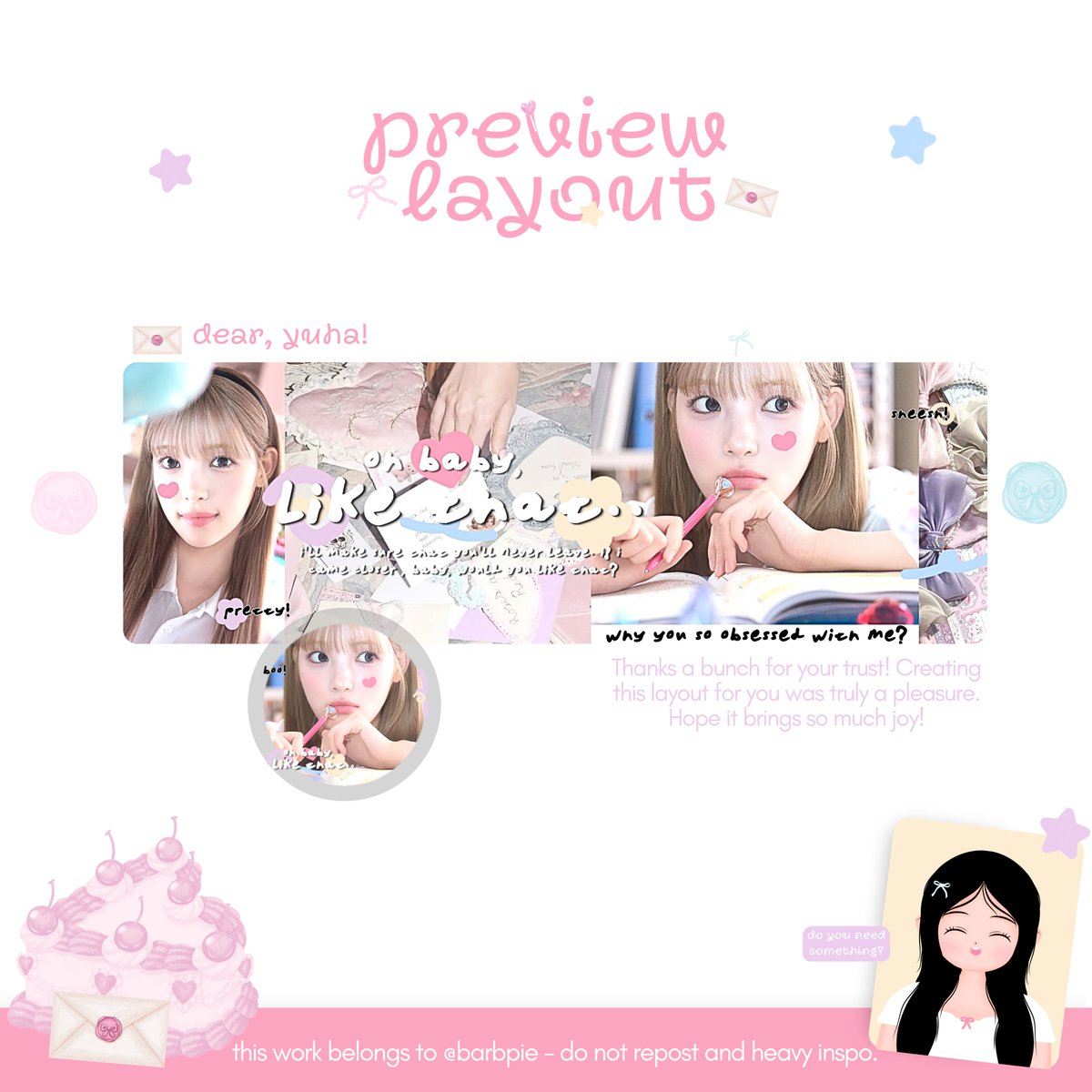 barbpie's tweet photo. help rt, thank you! 🩷

haii, aku ada 3 FREE LAYOUT ready stock carmen, yuha, dan stella yang udah dijajanin sama kakak @nyiokap loh!! 🥺☝🏻

buat yang mau langsung pakai iaa, komen aja kalian mau yang mana, aku undi nanti malam pukul 22.00 🎬 jangan sampai ketinggalan #zonauang https://t.co/iIIBE2CKYx