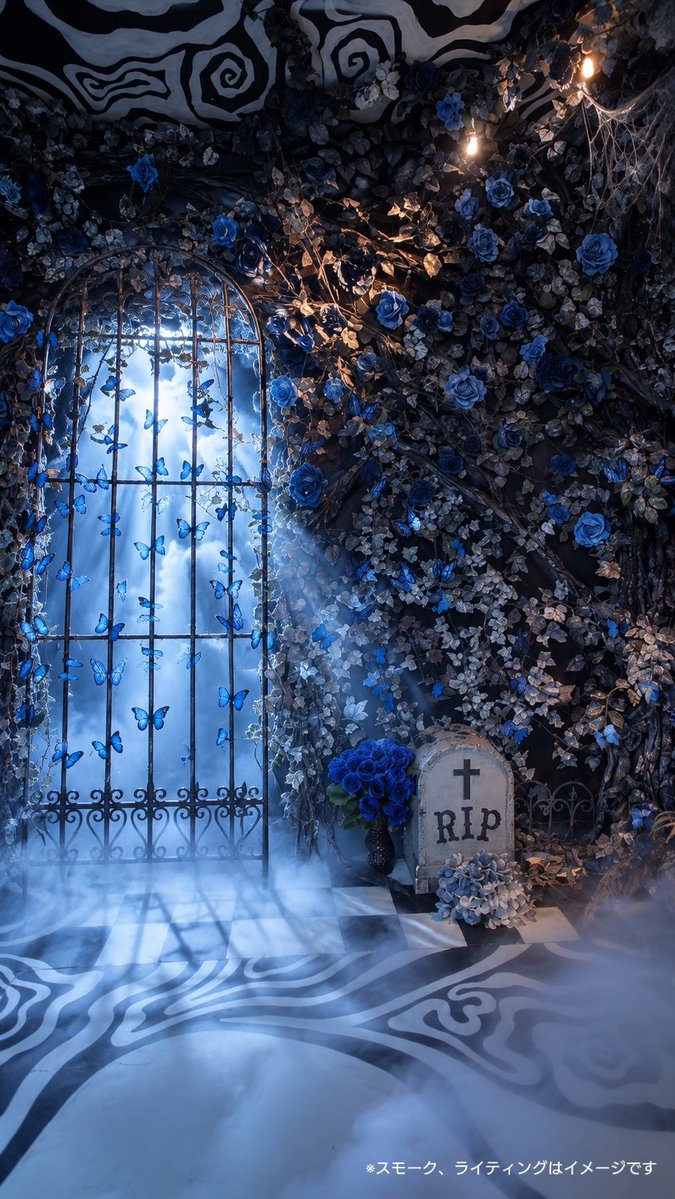 aiReboot_studio's tweet photo. 💙🦋 HALLOWEEN BOOTH ②🦋💙

「 青薔薇の墓苑 」

青い薔薇と蝶が舞う、静かな墓苑が登場🥀
蔦に覆われた門の向こうには、不思議な青の世界——
ライティングやスモークを使えば、
幻想的なダークファンタジー撮影も楽しめます🦋✨

美しくて少し不気味な、
青薔薇の墓��で撮影してね！ https://t.co/hvgHmLZ9YO