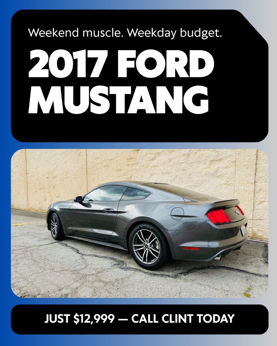 matthchave82425's tweet photo. 2017 Ford Mustang Coupe—American muscle on a weekday budget. $12, 999. The fun car that fits your paycheck. Call Clint today: (909) 342-4062 https://t.co/SVCzSkwTl2