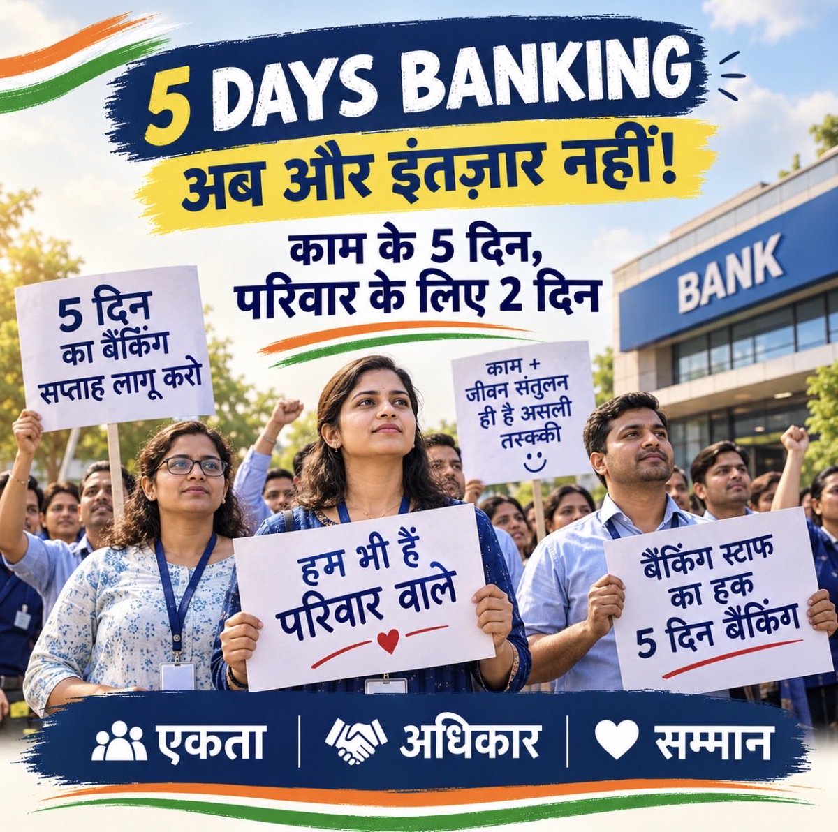 LeenaG2015's tweet photo. 5 Days Banking — Our Right, Our Voice! ✊

Five days of work,
Two days for family and life.
We serve the nation all week long—
We deserve balance, not endless strife.

We are bankers, but humans too,
With families, dreams and lives.
After giving our best every day,
Let us have two days to truly thrive.

The promise was made—
Now make it a reality!
5 Days Banking — implement it now! ✊

Unity is our strength.
Our voice cannot be ignored.

#5DayBankingNow #FBOIOA #AIBOC  #UFBU
@aiboc_in 
@nilesh_pawar15 
@fboioa_india 
@saldanha_a75524 
@BOIOAMNG 
@AshishTekale_ 
@PMOIndia 
@DFS_India