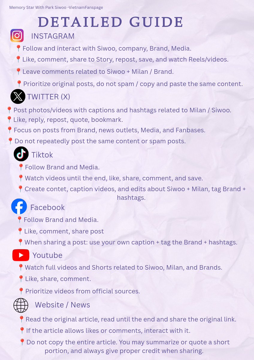 memorystarpsw's tweet photo. Here is the information I’ve researched and compiled about how to interact across different platforms. Please take a moment to read through it so everyone can better understand how to engage and work together to increase engagement and create effective visibility for Siwoo during Milan Fashion Week this time. 💜

#ParkSiwoo
#박시우
