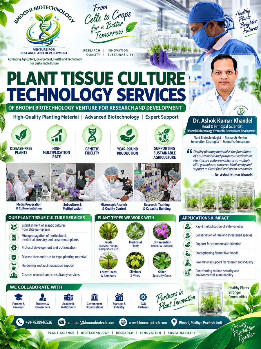 BhoomiBioTechX's tweet photo. π± From a tiny explant to thousands of plantsβPlant Tissue Culture demonstrates the power of biotechnology to support rapid multiplication, quality planting material, germplasm conservation & sustainable agriculture.
#PlantTissueCulture #PlantBiotechnology #Micropropagation https://t.co/R4nn1xYmDT