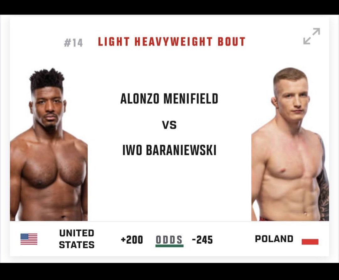 AliMustafaKHRMN's tweet photo. UFC Fight Night 🥊🥊
Alonzo Menifield 🇺🇸  
vs
Iwo Baraniewski 🇵🇱 
It was terrible match 
Just hugging each other 
#UFC https://t.co/8bwTqlJ10P