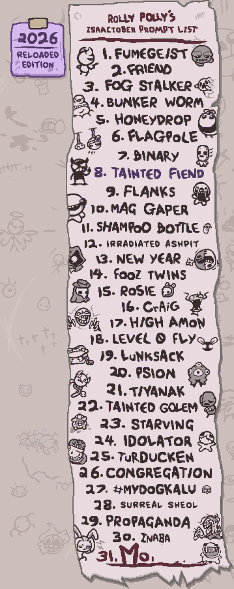 Apollyon_Art's tweet photo. Hello Binding of Isaac community! I am super excited to announce that, following a few years of hiatus, Isaactober is making its triumphant return in 2026 with a litany of @FiendFolioMOD themed prompts to celebrate the MOD's newly released Reloaded update!
#isaactober2026 https://t.co/ITDXhFypA6