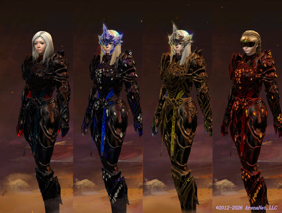 Vritra9's tweet photo. gw2
染料によりObsidian Armorの帯の色が明るくなるみたいです
左から
Shadow Blue
Abyssal Depths
Abyssal Sun
Bloody Red

Shadow系は黒いまま
Abyssal系は発色します
Bloody RedはAbyssalより暗く発色します
Abyssalの赤は持っていませんが鎧面もかなり赤いようです https://t.co/Y529U5Pqhg