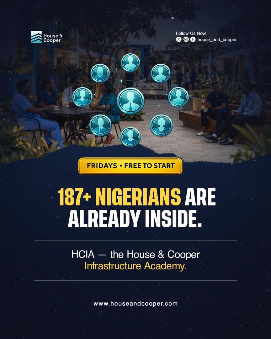 Houseandcooper's tweet photo. What if you could learn a new skill without worrying about what it costs?

That's HCIA, the House &amp; Cooper Infrastructure Academy. No barriers, no paywall. 187+ people already showed up.

Join the WhatsApp via the link in our bio.
#HousingInfrastructure #AffordableHousing https://t.co/yXLeTtnwus