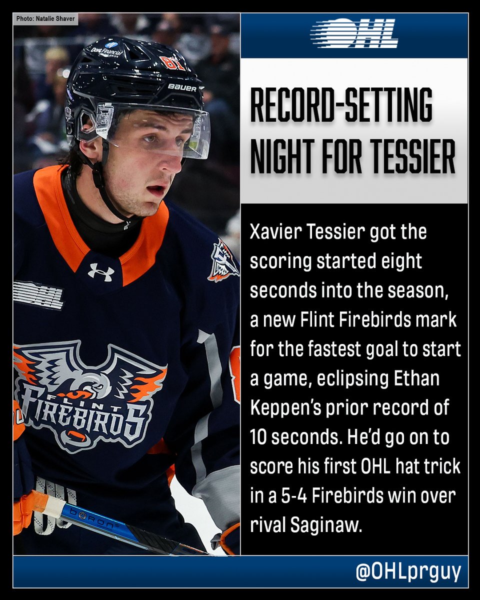OHLprguy's tweet photo. Xavier Tessier enters the @FlintFirebirds record book to begin 2026-27 🔥 https://t.co/3OSjDBdnUg
