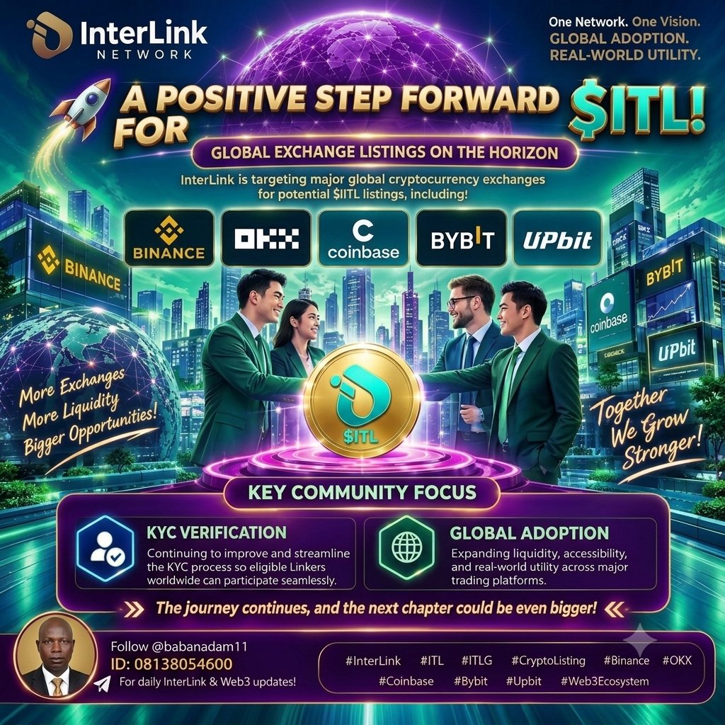 babanadam11's tweet photo. 🚀 A Positive Step for $ITL!

InterLink is targeting major global exchanges like Binance, OKX, Coinbase, Bybit & Upbit to expand global access, liquidity and real-world utility. 🌐💎

✨ KYC verification
✨ Global adoption
✨ Wider exchange access

The journey continues! 🚀

👉 Follow @babanadam11 for daily InterLink & Web3 updates.

#InterLink #ITL #ITLG #Web3