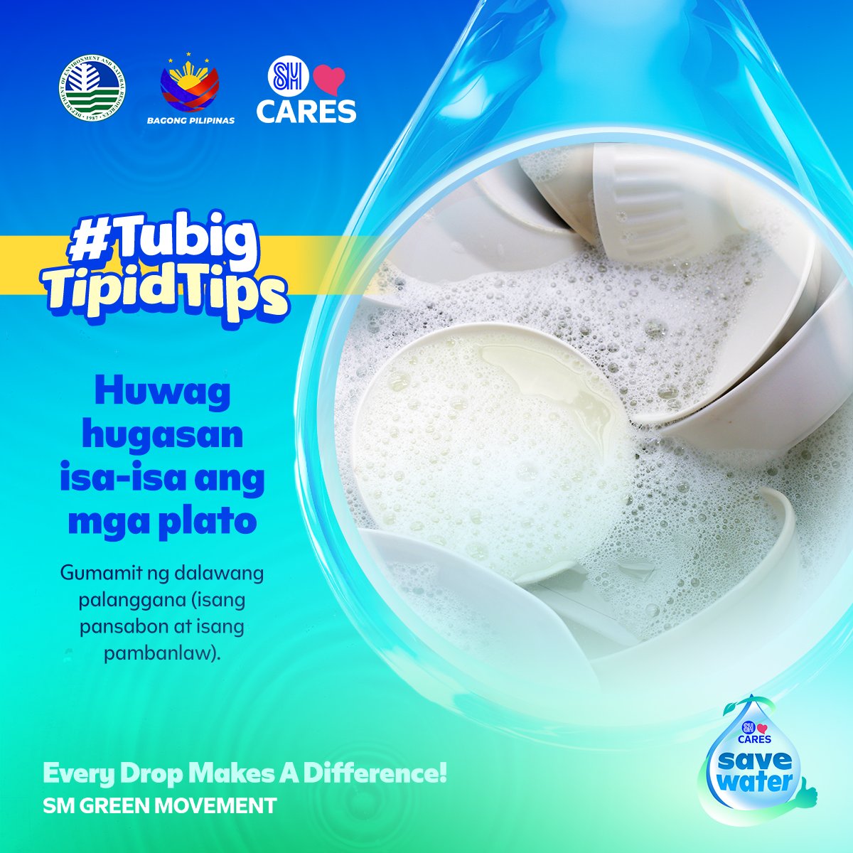 OfficialSMCares's tweet photo. 🍽️Washing dishes today? Skip the running tap and use separate basins for washing and rinsing. 

Be part of the #SaveWaterWithSM campaign and help make water conservation part of everyday living.​
Together, we're advancing sustainability through the #SMGreenMovement.💙

#SMCares https://t.co/RVNwcvpzJW