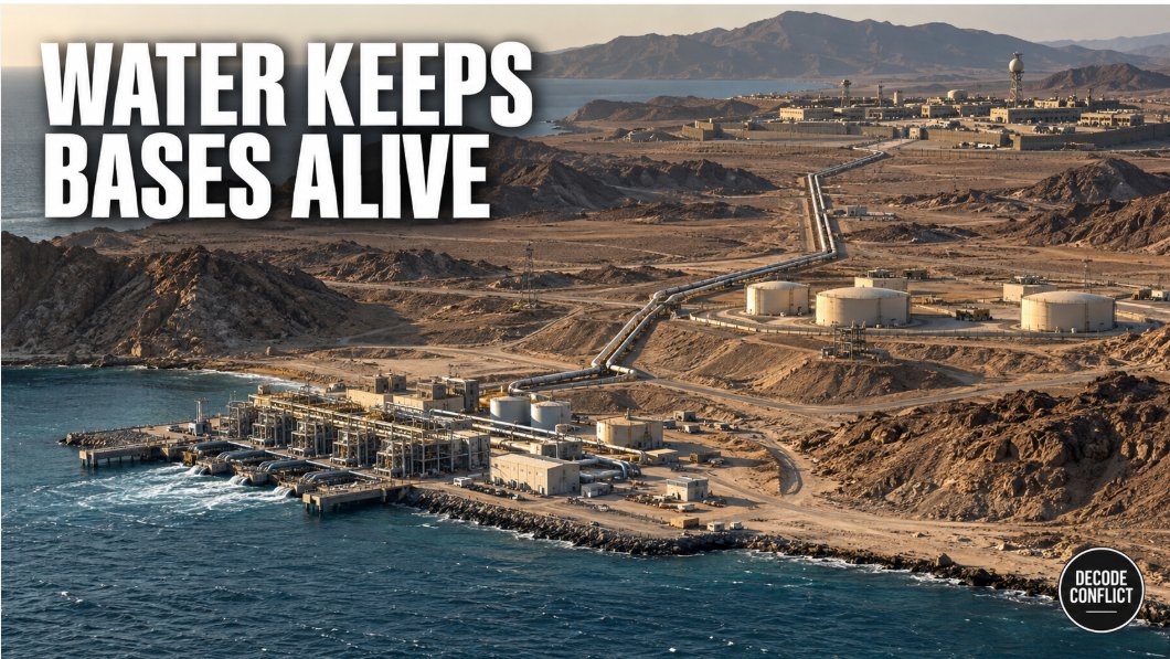 DecodeConflict's tweet photo. WATER KEEPS BASES ALIVE

DECODE CONFLICT ASSESSMENT

Military bases cannot operate on weapons and fuel alone. They require enormous quantities of water for personnel, hospitals, sanitation, firefighting, maintenance and cooling.

This creates a vulnerability that receives far less attention than missiles, runways or power grids.

A Government Accountability Office review found that separate Pentagon assessments collectively identified 102 American military installations facing some level of water scarcity risk. The assessments varied significantly, demonstrating that the Defense Department did not possess one consistent picture of the threat.

Only Vandenberg Air Force Base appeared in every relevant assessment examined by investigators.

Overseas installations can face an even more complicated problem. Bases in dry coastal regions may depend on desalination plants, pipelines, pumping stations, storage tanks and civilian utility networks located beyond the protected military perimeter.

An adversary would not necessarily need to destroy the base. Disrupting electricity to a desalination plant, contaminating storage, damaging a pumping station or attacking the control system could restrict water supplies while leaving aircraft and weapons physically intact.

Water infrastructure is also difficult to hide. Large treatment facilities, reservoirs and pipelines can be identified through commercial satellite imagery. Many systems require constant electricity, chemicals and specialized maintenance.

THE DECODE

A military installation without dependable water becomes progressively less capable of housing personnel, treating casualties, controlling fires and sustaining prolonged operations.

The solution is not one larger desalination plant. It is redundancy through protected storage, multiple supply routes, mobile purification systems, independent power and repair teams.

Future base defense must protect the infrastructure that allows military forces to remain on the battlefield.

Missiles provide combat power.

Water determines how long that power can survive.