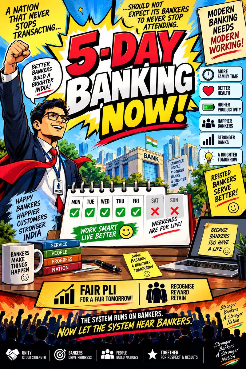 ToppilJ's tweet photo. 𝗩𝗔𝗟𝗨𝗘 𝗧𝗛𝗘 𝗣𝗘𝗢𝗣𝗟𝗘 𝗪𝗛𝗢 𝗖𝗥𝗘𝗔𝗧𝗘 𝗧𝗛𝗘 𝗩𝗔𝗟𝗨𝗘!!!

Every second—
💳 A transaction.
📲 A payment.
🏦 A deposit.
📈 A target.
⚡ A customer expecting service.

24×7 DIGITAL BANKING.
6-DAY HUMAN BANKING.

Somewhere between “Digital India” and “Human India”, there has to be a simple question:

𝗪𝗛𝗢 𝗕𝗔𝗡𝗞𝗦 𝗙𝗢𝗥 𝗧𝗛𝗘 𝗕𝗔𝗡𝗞𝗘𝗥???

Five days isn’t about escaping work.
It’s about giving the people who power the banking system a life beyond the balance sheet.

And PLI?

When performance is measured in numbers, recognition should never disappear into the fine print.

⚖️ FAIR WORK deserves FAIR REWARD.
📅 MODERN BANKING deserves MODERN WORKING.
🤝 DEDICATION deserves DIGNITY.

𝟱-𝗗𝗔𝗬 𝗕𝗔𝗡𝗞𝗜𝗡𝗚.
𝗙𝗔𝗜𝗥 𝗣𝗟𝗜

Not two separate demands.

🔥 𝙏𝙃𝙀 𝙎𝙔𝙎𝙏𝙀𝙈 𝙍𝙐𝙉𝙎 𝙊𝙉 𝘽𝘼𝙉𝙆𝙀𝙍𝙎.
𝙉𝙊𝙒 𝙇𝙀𝙏 𝙏𝙃𝙀 𝙎𝙔𝙎𝙏𝙀𝙈 𝙃𝙀𝘼𝙍 𝘽𝘼𝙉𝙆𝙀𝙍𝙎.

#5DayBankingNow #FBOIOA