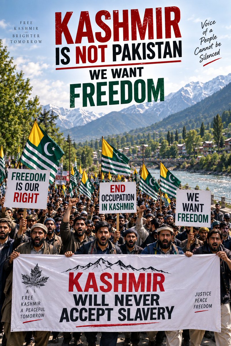 FatimaKhan20098's tweet photo. The image depicts a Kashmir freedom demonstration, with participants carrying flags and signs calling for self-determination and an end to what they describe as occupation.Kashmir #SelfDetermination #HumanRights #Peace #Freedom https://t.co/T2ZzGfML8j