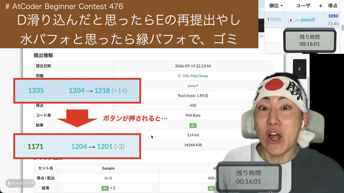yiwiy9's tweet photo. なんとか水耐え!
ac-predictorに騙されたせいで、エンディングでの自信と安堵が恥ずかしいです!
逆に正確にパフォ出てたら、焦ってD問題解けなかったかもです
今回は特に展開が多いので見応えあると思います!
ぜひ作業用BGMとしてご活用ください!
https://t.co/RFHjpnAea9
#AtCoder #ABC476 https://t.co/98GmkdrVhR