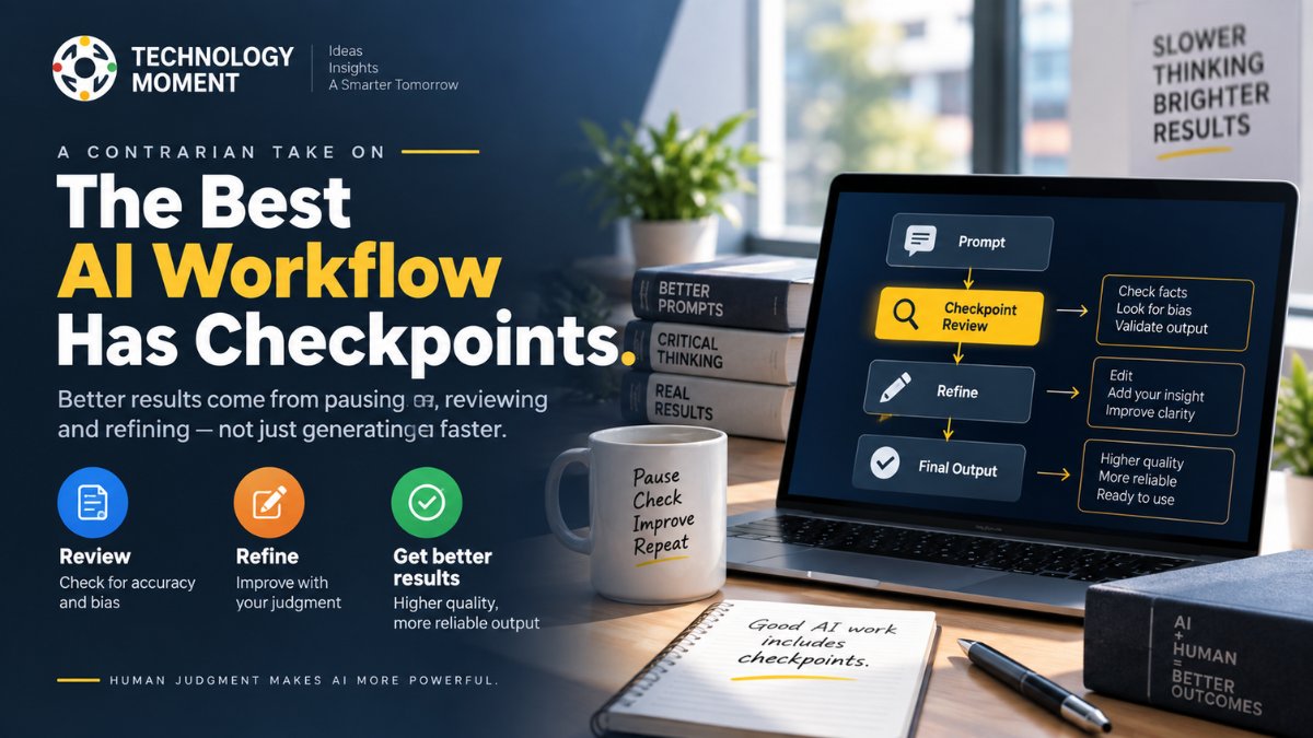 TechMomentHQ's tweet photo. AI can generate faster, but better results come from pausing to review, refine, and apply human judgment. The best AI workflow has checkpoints. Explore more: 
https://t.co/BXiLF3SYCR 

#AI #Productivity #TechnologyMoment https://t.co/885Sm0iPSm