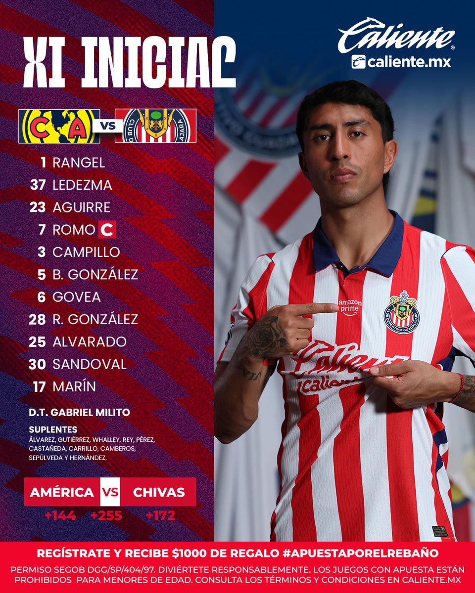 Chivas's tweet photo. 🇫🇷 ¡ESTA ES LA ALINEACIÓN DEL EQUIPO MÁS QUERIDO Y POPULAR DE MÉXICO! 🇫🇷

¡VAMOS, DEPORTIVO GUADALAJARA! 🐐

#MásAcciónMásDiversión en @calientesports 🔥📲👉 https://t.co/so7lhZec4A https://t.co/S5rtYestfl