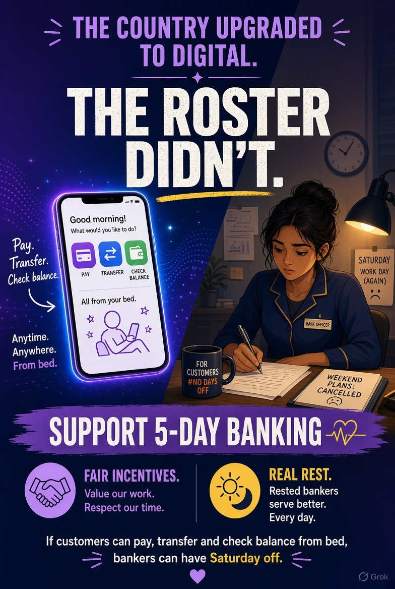ToppilJ's tweet photo. 𝗔 𝗡𝗔𝗧𝗜𝗢𝗡 𝗧𝗛𝗔𝗧 𝗡𝗘𝗩𝗘𝗥 𝗦𝗧𝗢𝗣𝗦 𝗧𝗥𝗔𝗡𝗦𝗔𝗖𝗧𝗜𝗡𝗚… 𝗦𝗛𝗢𝗨𝗟𝗗 𝗡𝗢𝗧 𝗘𝗫𝗣𝗘𝗖𝗧 𝗜𝗧𝗦 𝗕𝗔𝗡𝗞𝗘𝗥𝗦 𝗧𝗢 𝗡𝗘𝗩𝗘𝗥 𝗦𝗧𝗢𝗣 𝗔𝗧𝗧𝗘𝗡𝗗𝗜𝗡𝗚.

Digital India runs 24×7.
Transactions never sleep.
Customers never stop banking.
But the people who keep the system moving deserve time to rest, recover and live.

5-DAY BANKING is not about working less.
It is about working smarter, healthier and more sustainably.

🤝 RESPECT THE WORK.
⚖️ RECOGNISE THE CONTRIBUTION.
✊ DELIVER 5-DAY BANKING.
🔥 ENSURE FAIR PLI.

𝘽𝙚𝙘𝙖𝙪𝙨𝙚 𝙗𝙚𝙝𝙞𝙣𝙙 𝙚𝙫𝙚𝙧𝙮 𝙩𝙧𝙖𝙣𝙨𝙖𝙘𝙩𝙞𝙤𝙣 𝙞𝙨 𝙖 𝙗𝙖𝙣𝙠𝙚𝙧. 𝘼𝙣𝙙 𝙗𝙚𝙝𝙞𝙣𝙙 𝙚𝙫𝙚𝙧𝙮 𝙗𝙖𝙣𝙠𝙚𝙧 𝙞𝙨 𝙖 𝙛𝙖��𝙞𝙡𝙮, 𝙖 𝙡𝙞𝙛𝙚 𝙖𝙣𝙙 𝙖 𝙧𝙞𝙜𝙝𝙩 𝙩𝙤 𝙙𝙞𝙜𝙣𝙞𝙩𝙮.

UNITED FOR RESPECT.
UNITED FOR JUSTICE.
UNITED FOR RESULTS.

#5DayBankingNow #FBOIOA