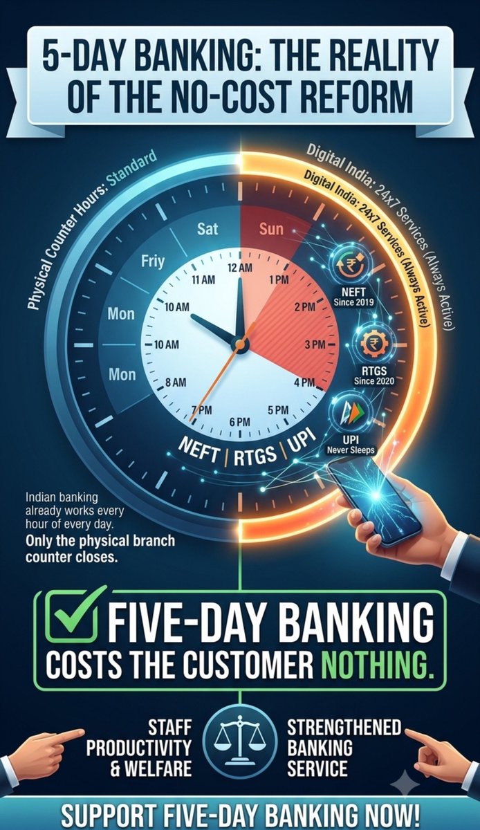 gaurav28k's tweet photo. NEFT has been running 24x7 since 2019.RTGS since 2020.UPI never sleeps.
Indian banking already works every hour of every day. It is only the counter that closes.
Five-day banking costs nothing to the customer service.Govt must implement #5DayBankingNow 
@nilesh_pawar15 @BOIOAMNG https://t.co/b1zOQOkKx3