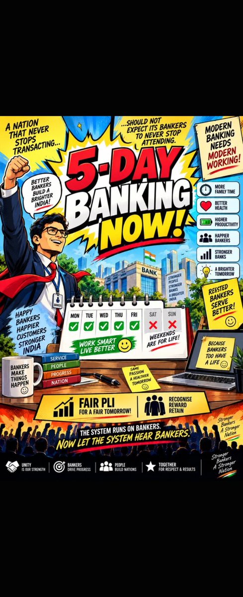 RamuAtikyala's tweet photo. A well-rested banker is a better banker.
5-Day Banking is essential for productivity, mental health and quality service.
#5DaysWeekForBankers #Approve5DayBankingNow #BankersDemand5DayWeek
@nilesh_pawar15 @fboioa_india https://t.co/vRhQM6JuTq