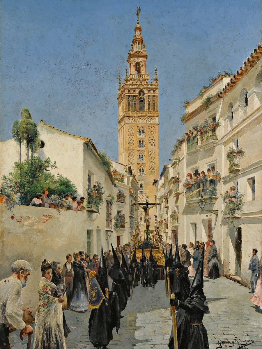 nissnickmich's tweet photo. “Procesión de Semana Santa en la calle Mateos Gago, Sevilla” (1896). Obra del pintor español Manuel García y Rodríguez #arte #pintura #sevilla #españa #semanasanta #procesion #curiosidades #20sep https://t.co/FoM6Vud6Up