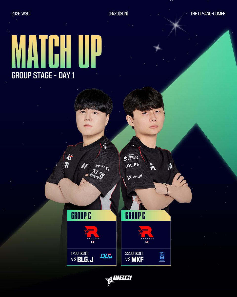 lck_cl's tweet photo. [2026 WSCI] 9/20(일) 매치업

오늘부터 시작되는 WSCI👏
Group Stage Day 1 매치업을 확인하세요!💡

[KST] 3 PM - T1A vs EDG.Y
[KST] 4 PM - DNS vs FUE
[KST] 5 PM - BLG.J vs KT
[KST] 6 PM - CFOA vs MKF
[KST] 7 PM - T1A vs DNS
[KST] 8 PM - EDG.Y vs FUE
[KST] 9 PM - BLG.J vs CFOA
[KST] 10 PM - KT vs MKF

📺 𝑵𝑼𝑪𝑳𝑬𝑨𝑹
SOOP: https://t.co/Xs9R02tL9q

*Co-streaming 진행 경기는 코스트리머 및 대회 진행 상황에 따라 변동될 수 있습니다.

#LCKCL #ChallengeToTheTop #RiseToLegend #2026WSCI #TheUpAndComer