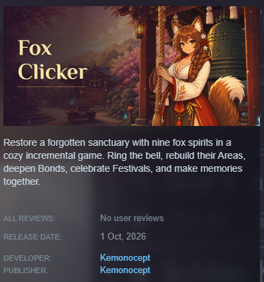 Kemonocept's tweet photo. The preparations are complete!
Fox Clicker will release on Steam on October 1st. https://t.co/lI5QuLZlVm