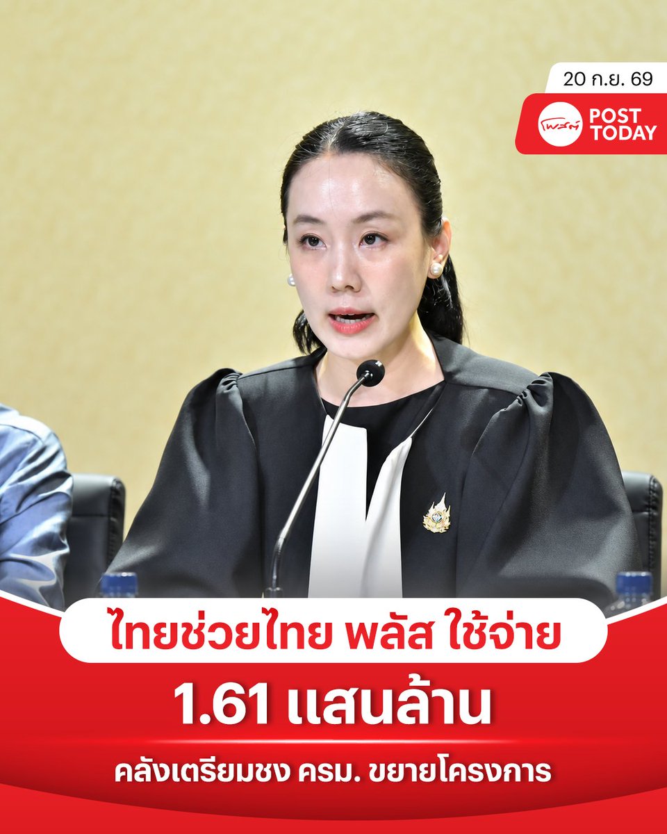 PostToday's tweet photo. “ไทยช่วยไทย พลัส” มียอดใช้จ่ายสะสม ณ 18 ก.ย. 2569 รวม 161,555.6 ล้านบาท จากผู้ได้รับสิทธิกว่า 26 ล้านราย โดยรัฐร่วมจ่าย 92,900.7 ล้านบาท และประชาชนร่วมจ่าย 68,654.9 ล้านบาท ขณะที่ร้านค้าผ่านการตรวจสอบแล้วกว่า 1.19 ล้านราย
.
โครงการปัจจุบันยังใช้สิทธิได้ถึง 30 ก.ย. ส่วนกระทรวงการคลังเตรียมเสนอ ครม. วันที่ 22 ก.ย. พิจารณาขยายเวลาออกไปอีก 2 เดือน โดยรายละเอียดเรื่องระยะเวลา วงเงิน และเงื่อนไขสุดท้ายยังต้องรอมติ ครม. อ่านต่อเพื่อเช็กว่า หากโครงการได้ไปต่อ ผู้มีสิทธิเดิมจะได้รับเงื่อนไขอย่างไร และต้องจับตาอะไรบ้าง
.
#ไทยช่วยไทยพลัส
#คนละครึ่ง
#รัฐบาล
#กระทรวงการคลัง
#ประชุมครม.
#ครม. 
#โพสต์ทูเดย์
#Posttoday