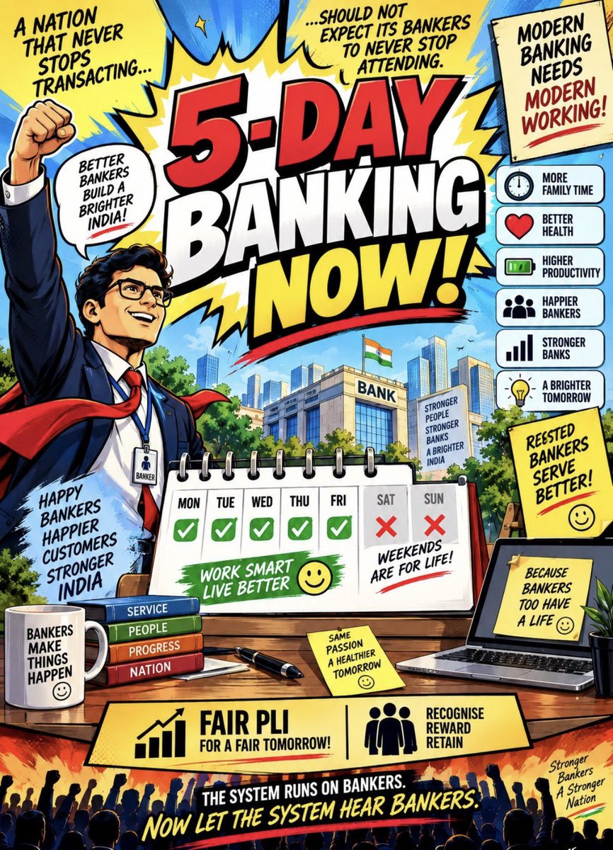 SaiVaniKolli's tweet photo. 𝗩𝗔𝗟𝗨𝗘 𝗧𝗛𝗘 𝗣𝗘𝗢𝗣𝗟𝗘 𝗪𝗛𝗢 𝗖𝗥𝗘𝗔𝗧𝗘 𝗧𝗛𝗘 𝗩𝗔𝗟𝗨𝗘!!!

Every second—
💳 A transaction.
📲 A payment.
🏦 A deposit.
📈 A target.
⚡ A customer expecting service.

24×7 DIGITAL BANKING.
5 DAY HUMAN BANKING.

Somewhere between “Digital India” and “Human India”, there has to be a simple question:
If banking never sleeps, why should bankers never get a Saturday-Sunday of rest?
Technology can run 24×7.
People cannot.

#5DaybankingNow

@AIBEAofficial  @ChVenkatachalam 
@RamBabu3494681     @Ibeu_ap
@ChVenkatachalam @LalitaAibea  @UdayaPochiraju 
@rupamsmail  @ncbeofficial  @DFS_India  @SecyDIPAM  @UFBUIndia  
@nsitharamanoffc @narendramodi